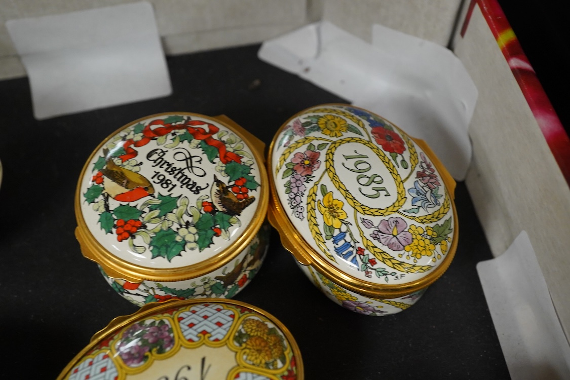 A collection of Halcyon days enamel patch boxes to include one commemorating the Mary Rose ship